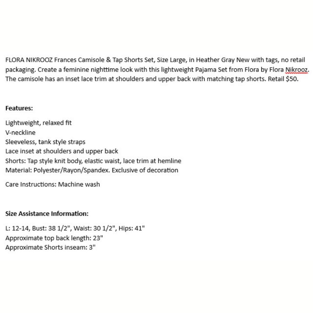 FLORA NIKROOZ Frances Knit Cami & Tap Shorts Pajama Set Heather Gray Size L NWT - Picture 2 of 6